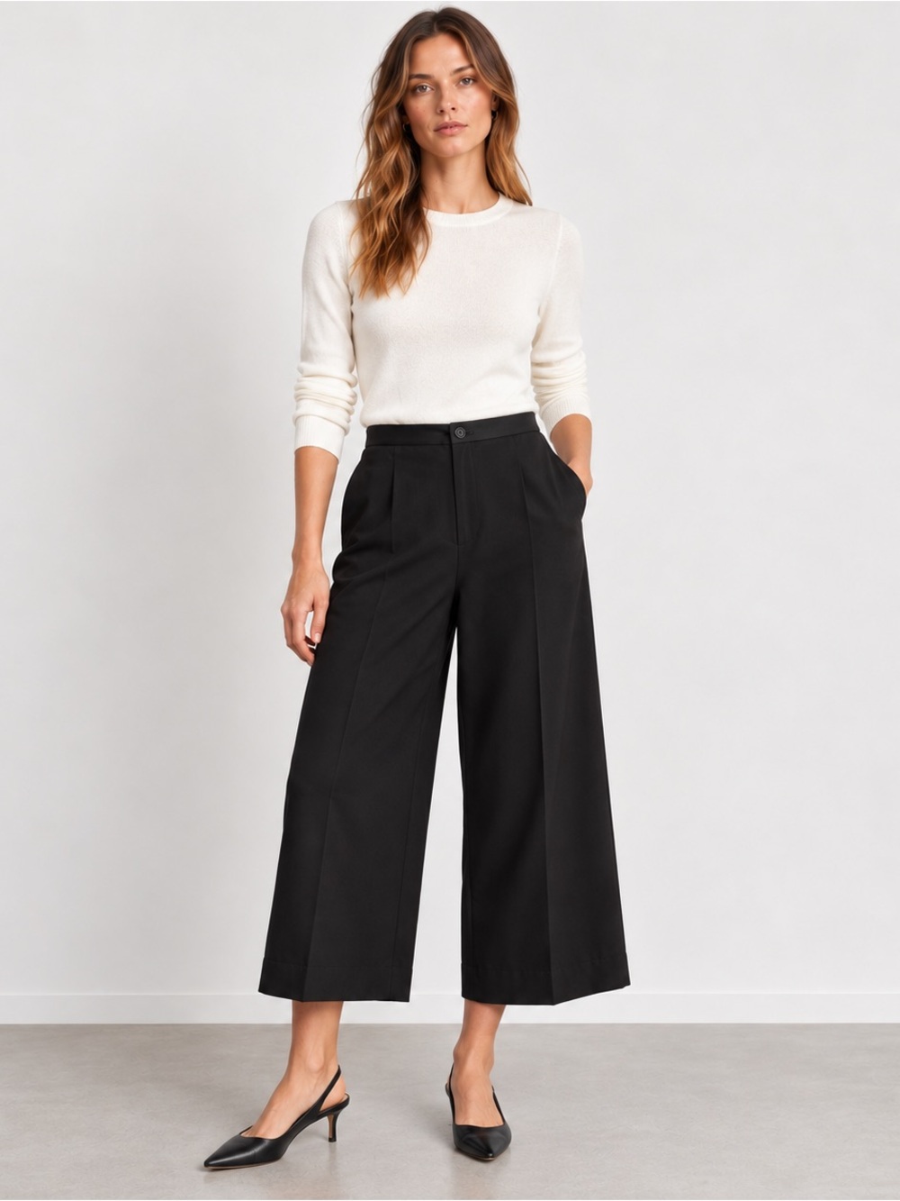 KHAITE Black Virgin Wool Wide Leg Crop Culotte Pants Size 10 USA